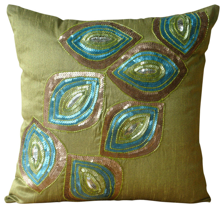 Green Art Deco Pillow Covers 20"x20" Throw Pillow Cover, Sequins Art Silk