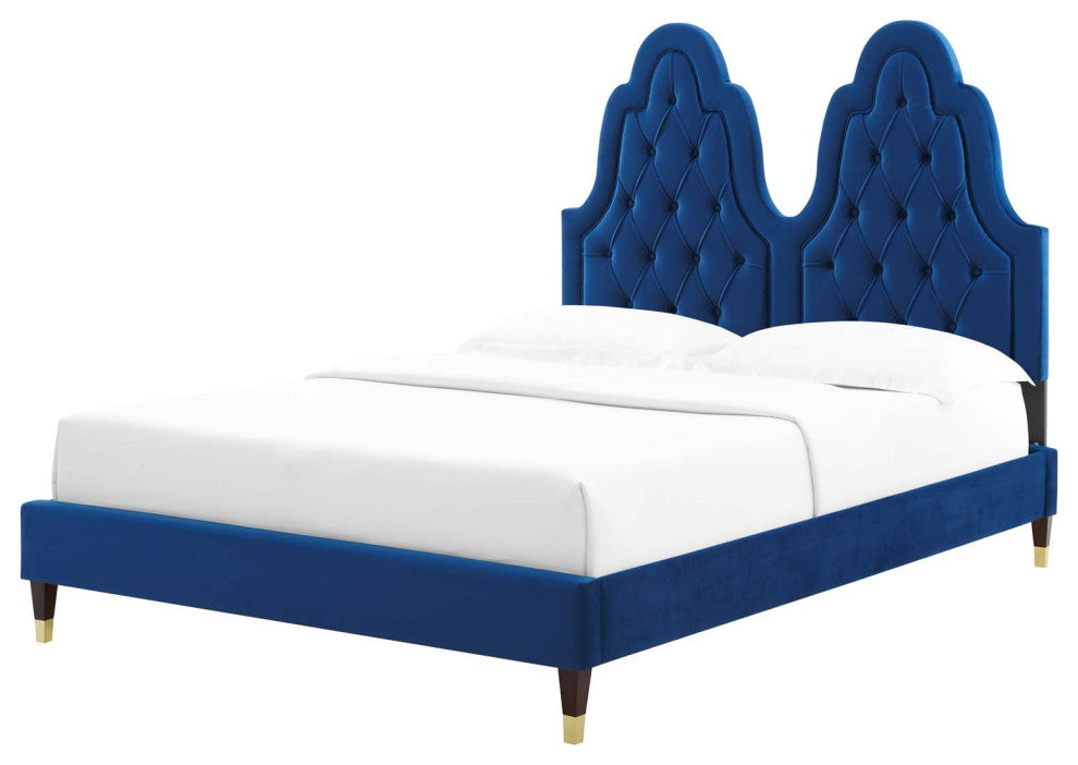 Tufted Platform Bed Frame, Twin Size, Velvet, Blue Navy, Modern Contemporary