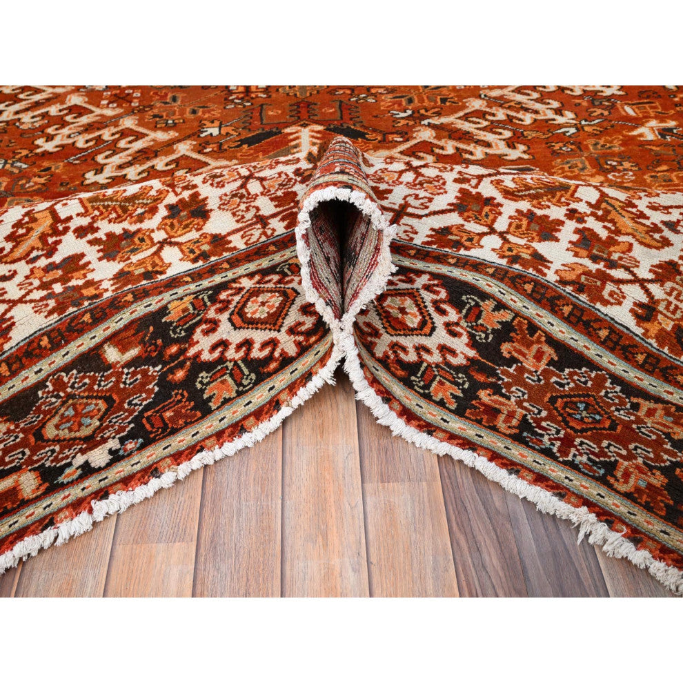Alloy Orange Semi Antique Persian Heriz Worn Wool Hand Knotted Rug 10'2"x13'