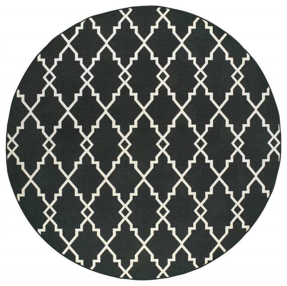 8" Round Black and Ivory Trellis Indoor Outdoor Area Rug