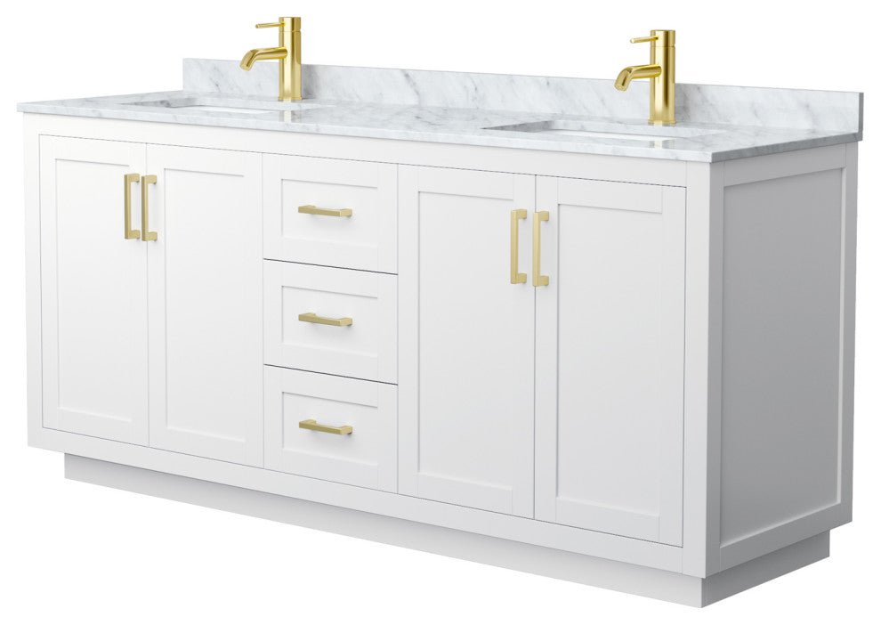 Miranda 72" White DBL Vanity, White Carrara Marble Top, Gold Trim