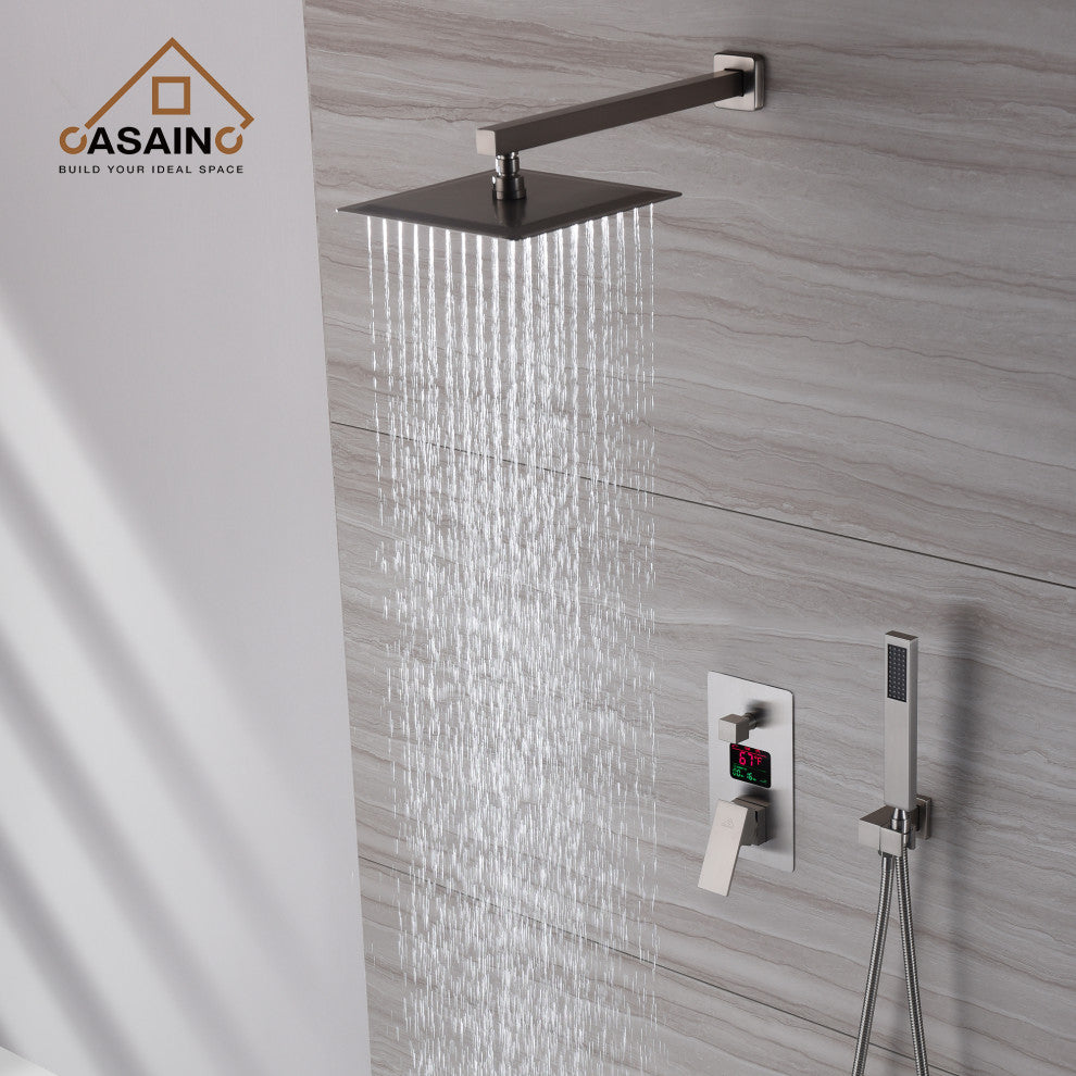 CASAINC 10" Wall Mounted Luxury Shower System Set with Digital Temp Display, Brushed Nickel