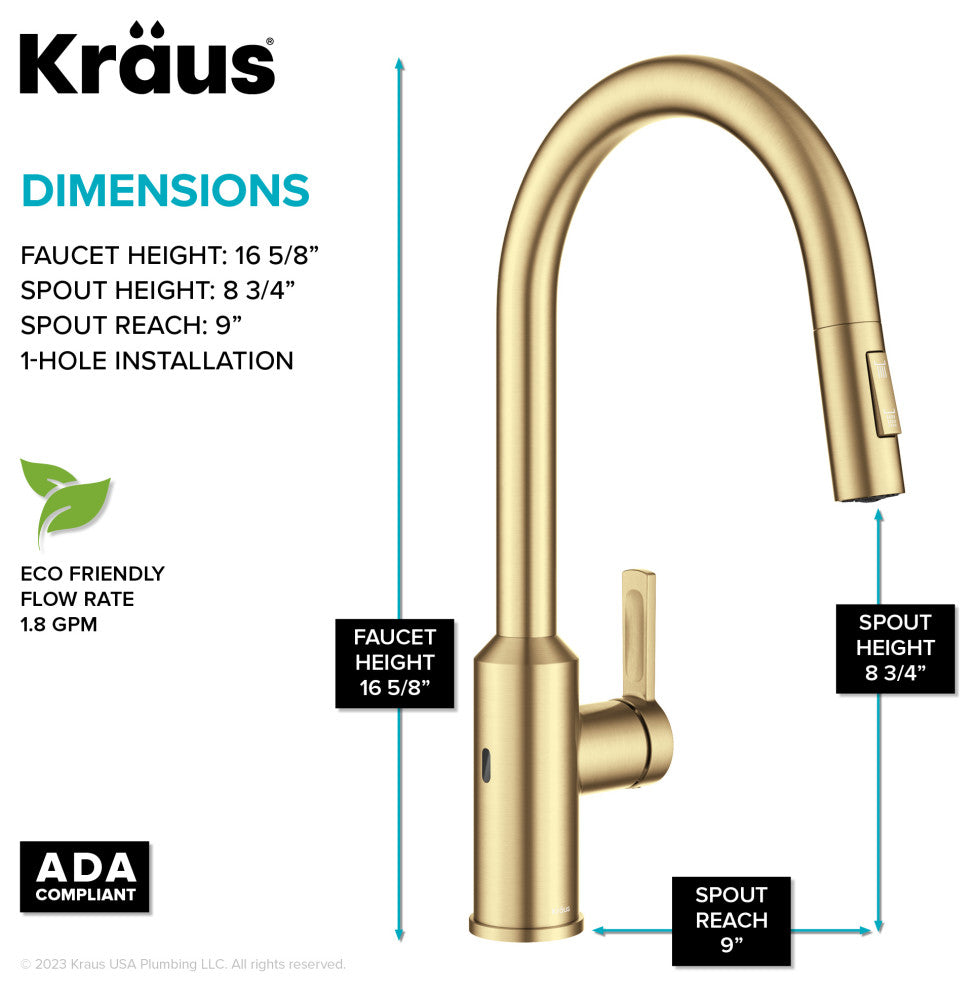 Oletto Touchless Sensor Pulldown Single Handle Kitchen Faucet, Brushed Brass