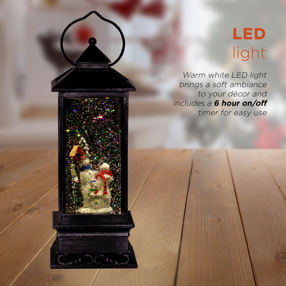 11"H Indoor Lantern Snowman Snow Globe Holiday Decoration with LED Light, Silver
