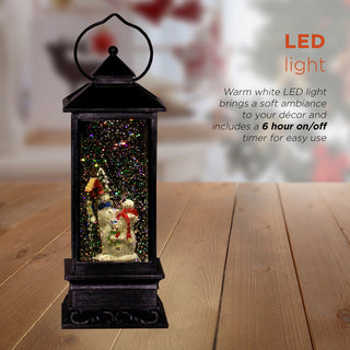 11"H Indoor Lantern Snowman Snow Globe Holiday Decoration with LED Light, Silver