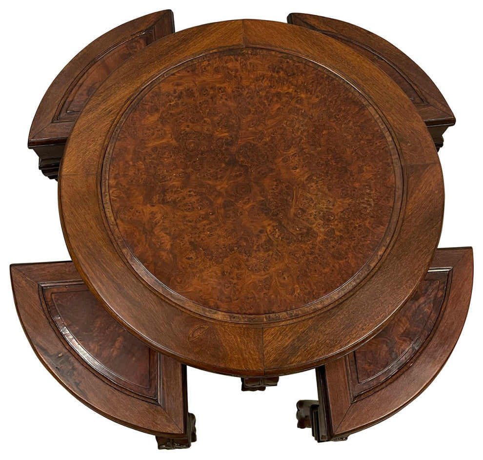 Consigned Antique Chinese Rosewood, Burl Wood Top Coffee Table w/4 Nesting stool