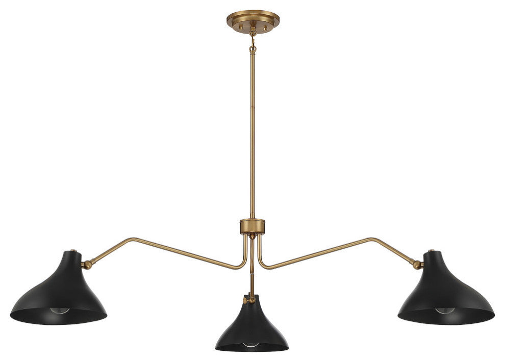 3-Light Pendant, Matte Black With Natural Brass