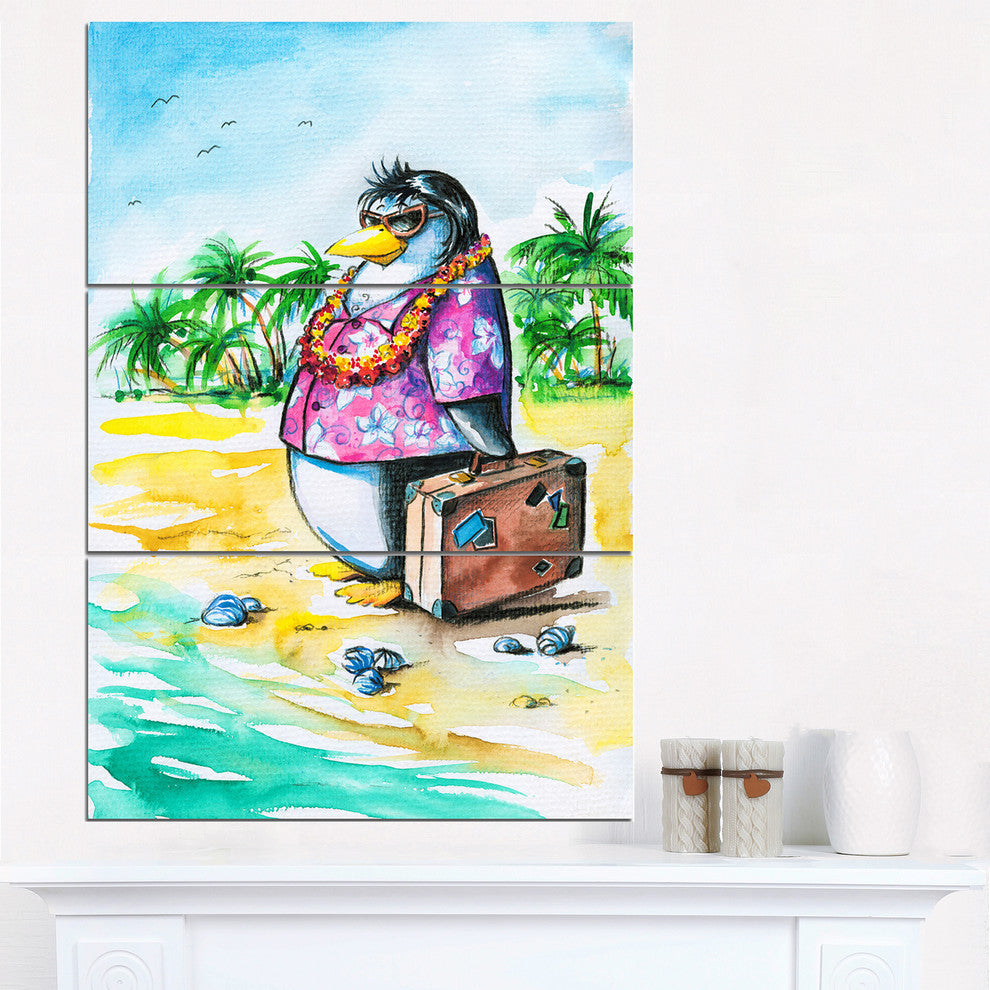 "Penguin Enjoying Holidays on Beach" Cartoon Metal Wall Art, 3 Panels, 28"x36"