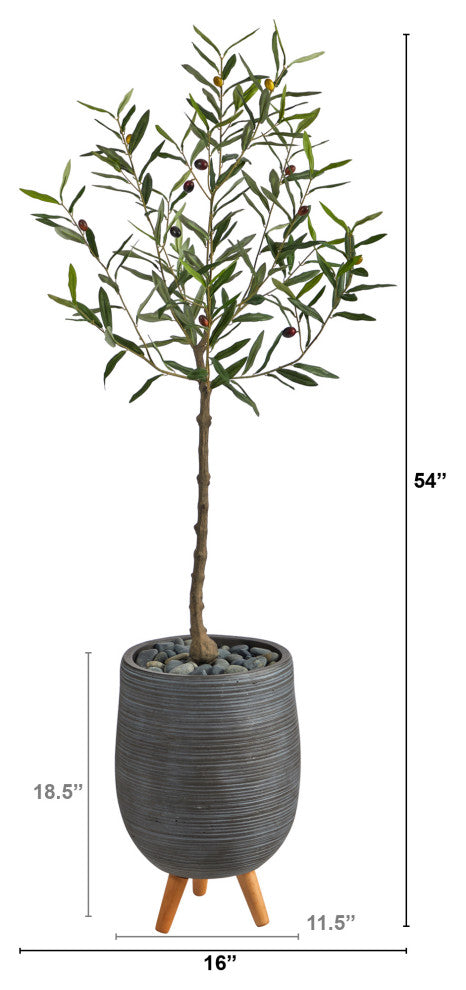 4.5' Olive Artificial Tree, Gray Planter With Stand