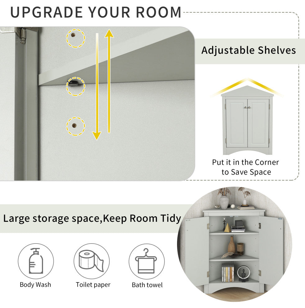 32" Wood 2-door Bathroom Corner Cabinet with Adjustable Shelves, Grey