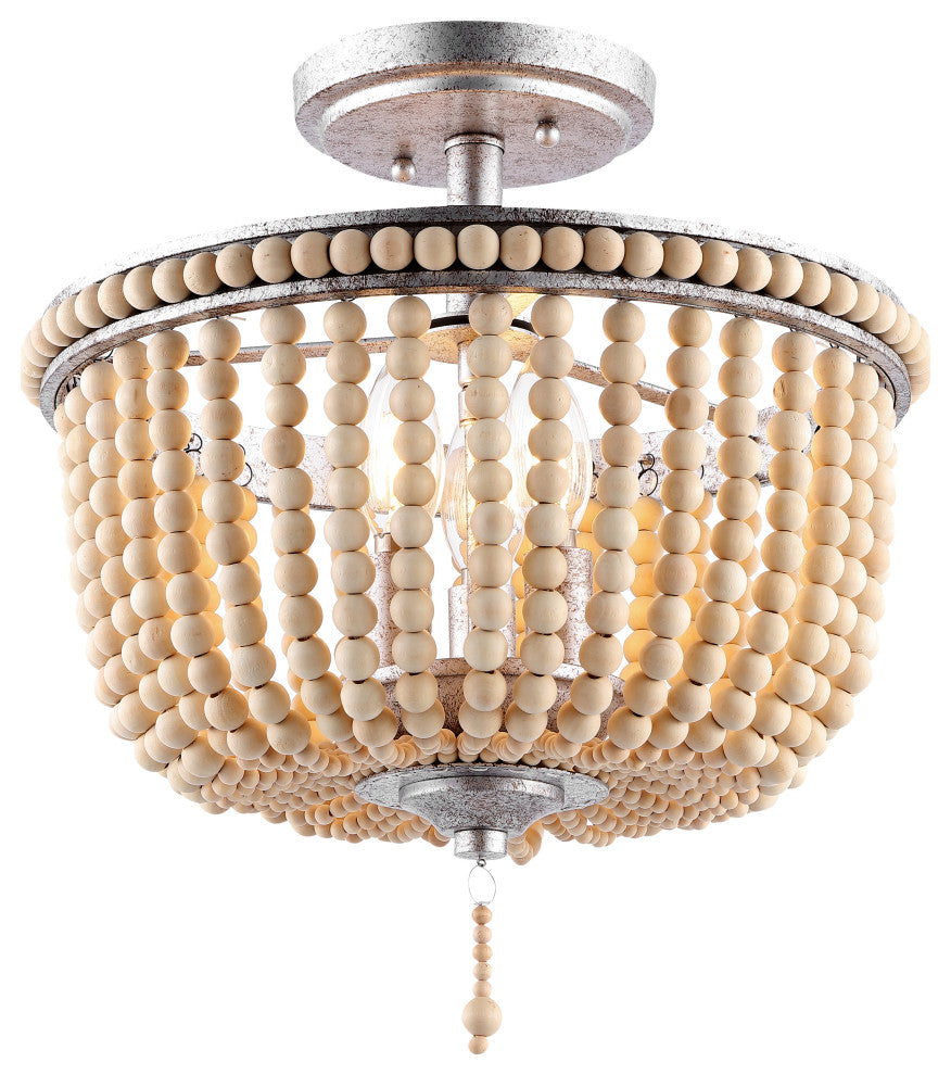 Allie 14" 3-Light Farmhouse Wood Bead/Iron LED Semi Flush Mount, Silver/Taupe