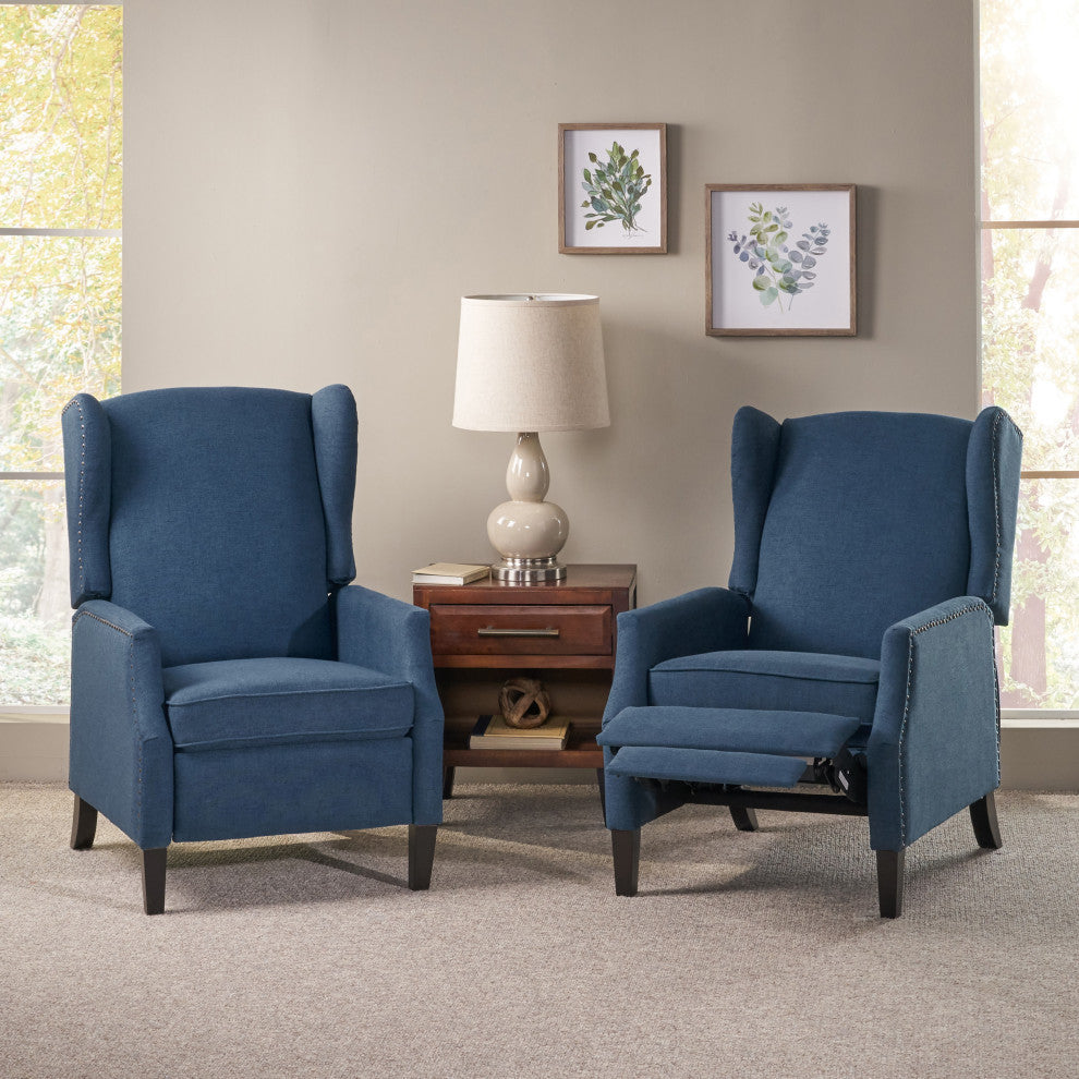 GDF Studio Corbin Fabric Recliner, Set of 2, Navy Blue and Dark Brown
