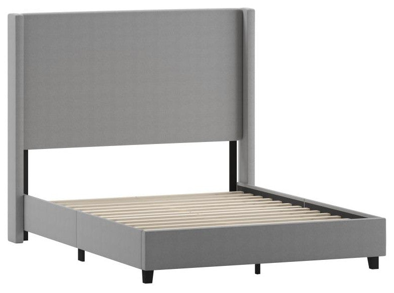 Quinn Upholstered Platform Bed with Channel Stitched Wingback Headboard, Gray, Queen