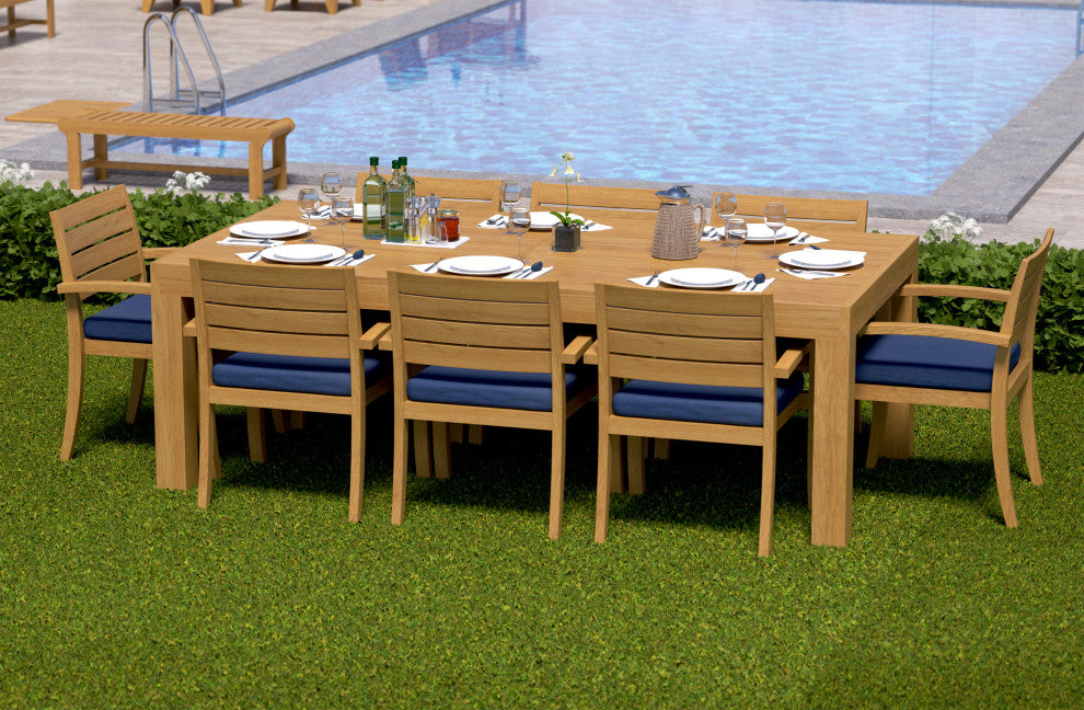 9-Piece Outdoor Teak Dining Set: 86" Rectangle Table, 8 Trav Stacking Arm Chairs