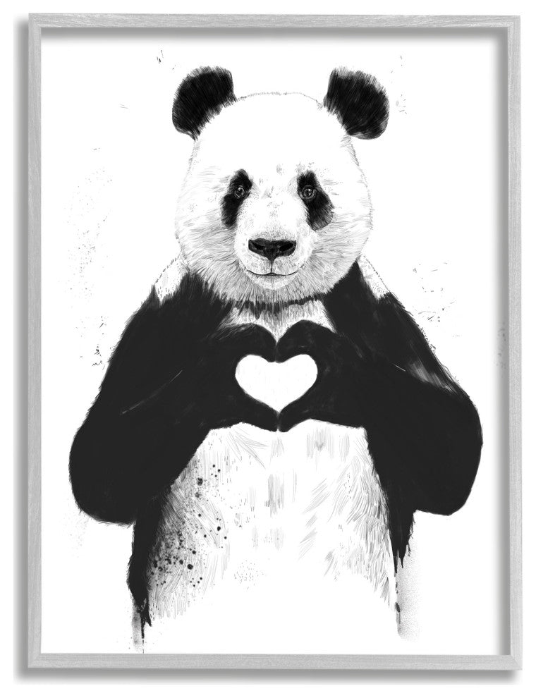 Black and White Panda Bear Making a Heart Ink Illustration, 24 x 30