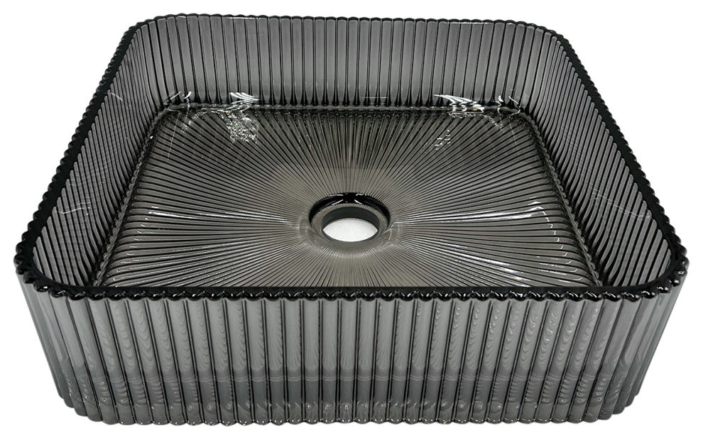 CastelloUSA Plaza 15" Square Tempered Glass Crystal Vessel Sink Basin, Light Black