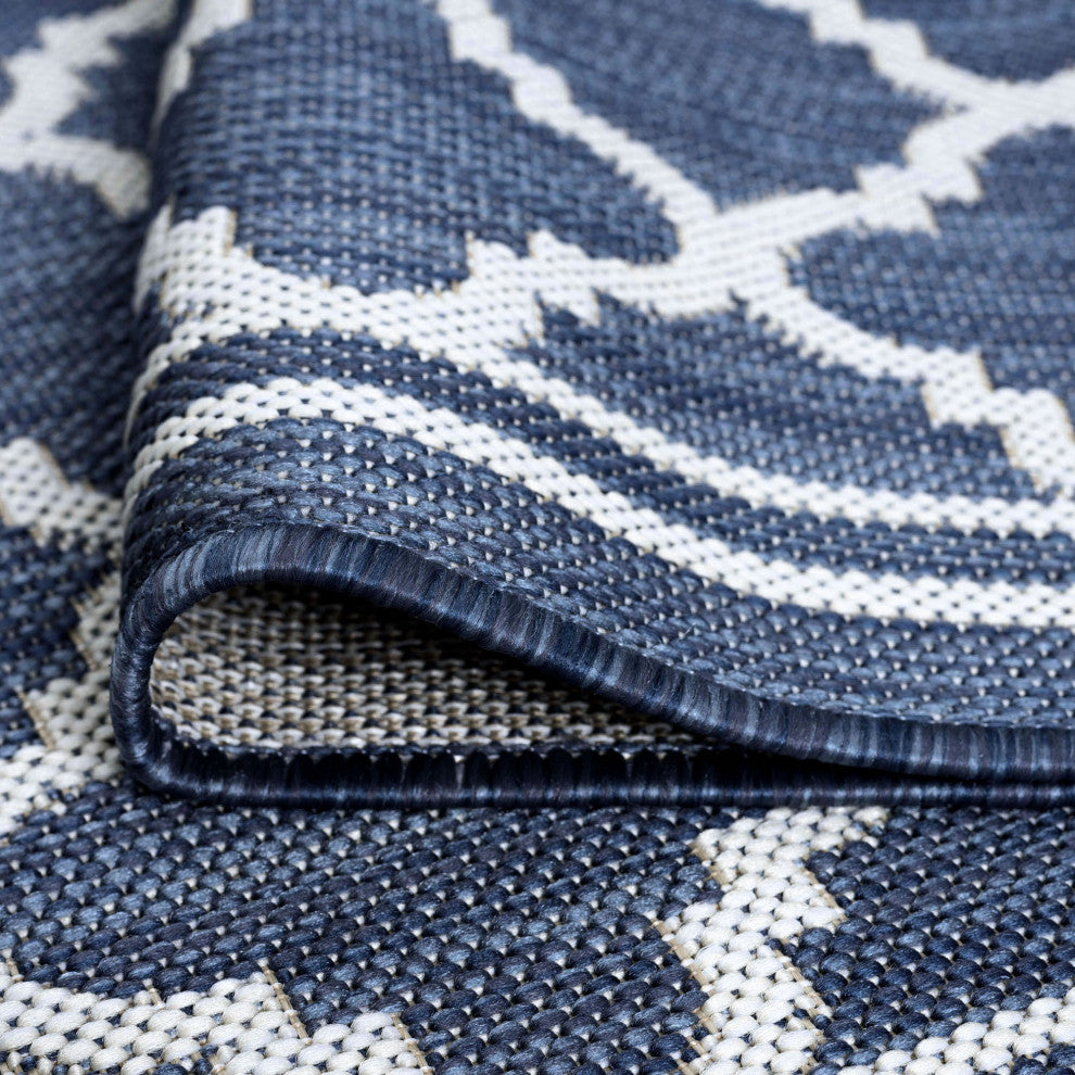 Shaila Transitional Geometric Navy Rectangle Indoor/Outdoor Area Rug, 9'x12'