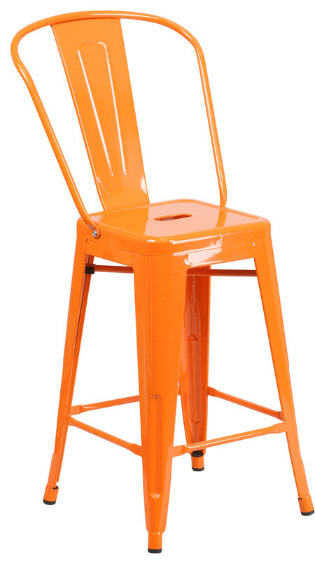 24" High Orange Metal Indoor-Outdoor Counter Stool With Back
