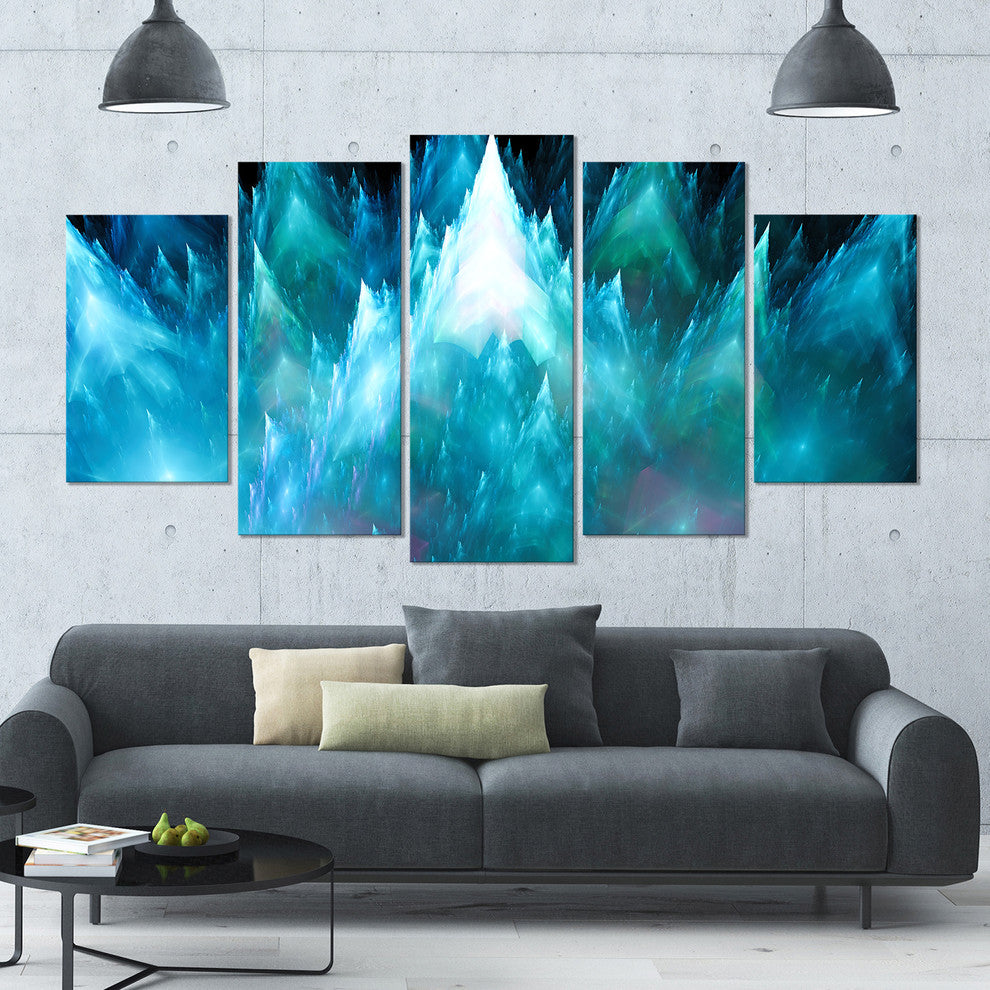 Blue Fractal Crystals Design, Contemporary Canvas Art Print, 60"x32", 5 Panels
