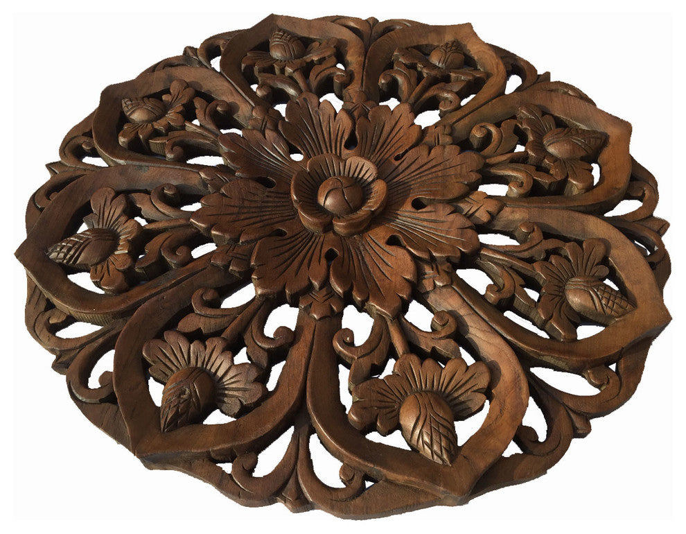 Oriental Bali Round Lotus Flower Carved Wood Wall Art Home Decor 24" Extra Thick