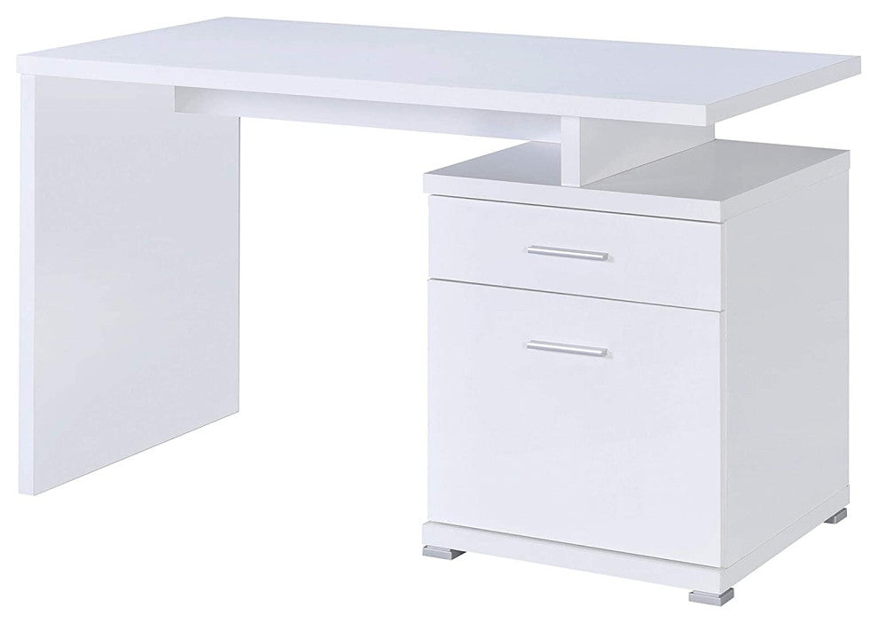 Contemporary Desk, Storage Drawers With Bar Pulls and Small Open Shelf, White