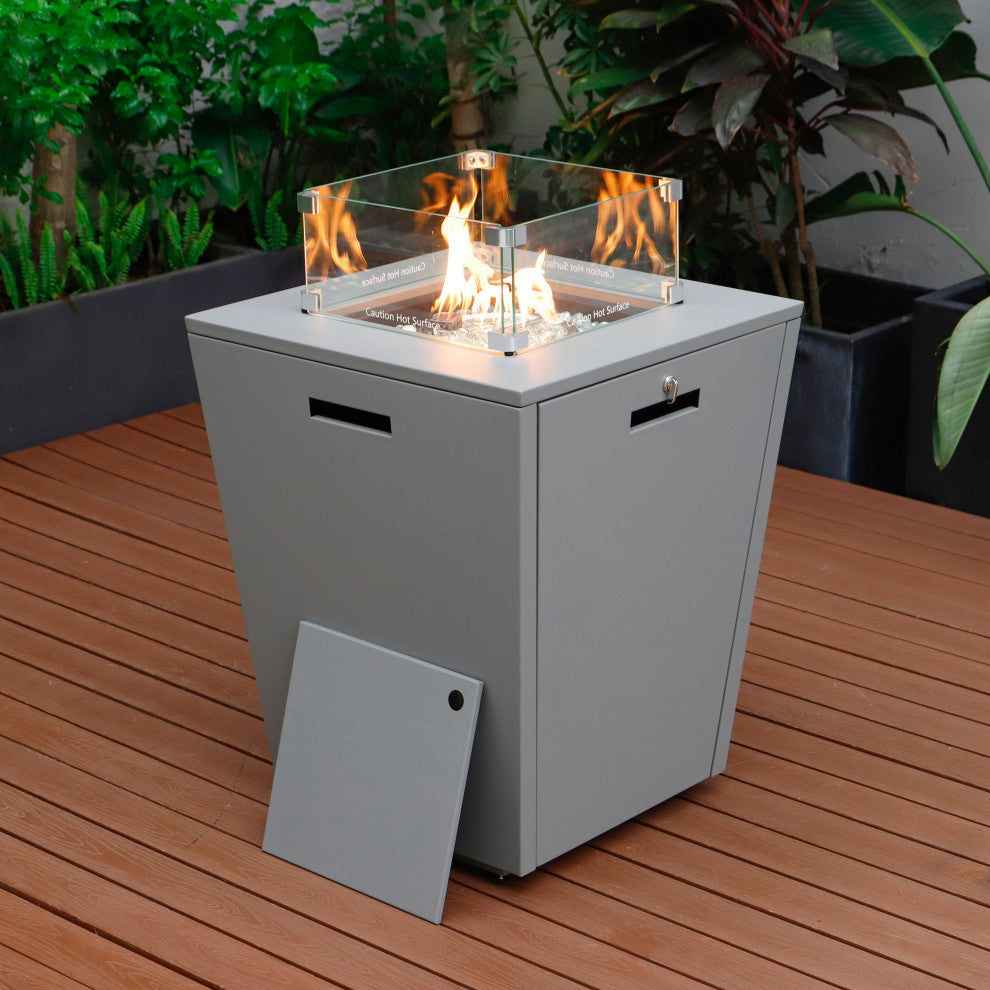 LeisureMod Marlin Chaise Lounge Set With Arms and Fire Pit Table, Dark Gray