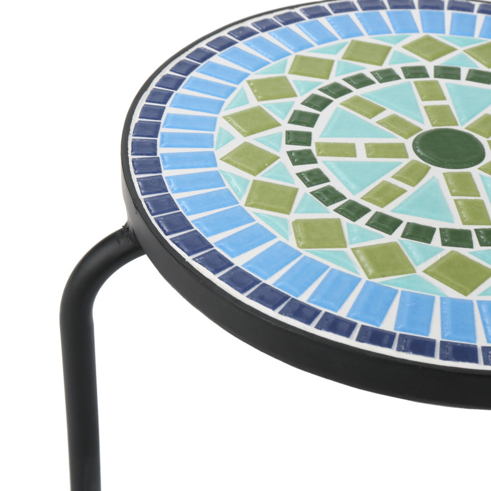GDF Studio Isildur Outdoor Blue and Green Ceramic Tile Iron Frame Side Table