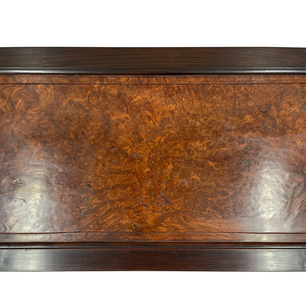 Consigned Antique Chinese Rosewood Carved Coffee Table with Burl Wood Top