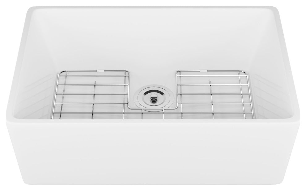 White 24 Inch Small Farmhouse Ceramic Sink with Bottom Grid and Strainer