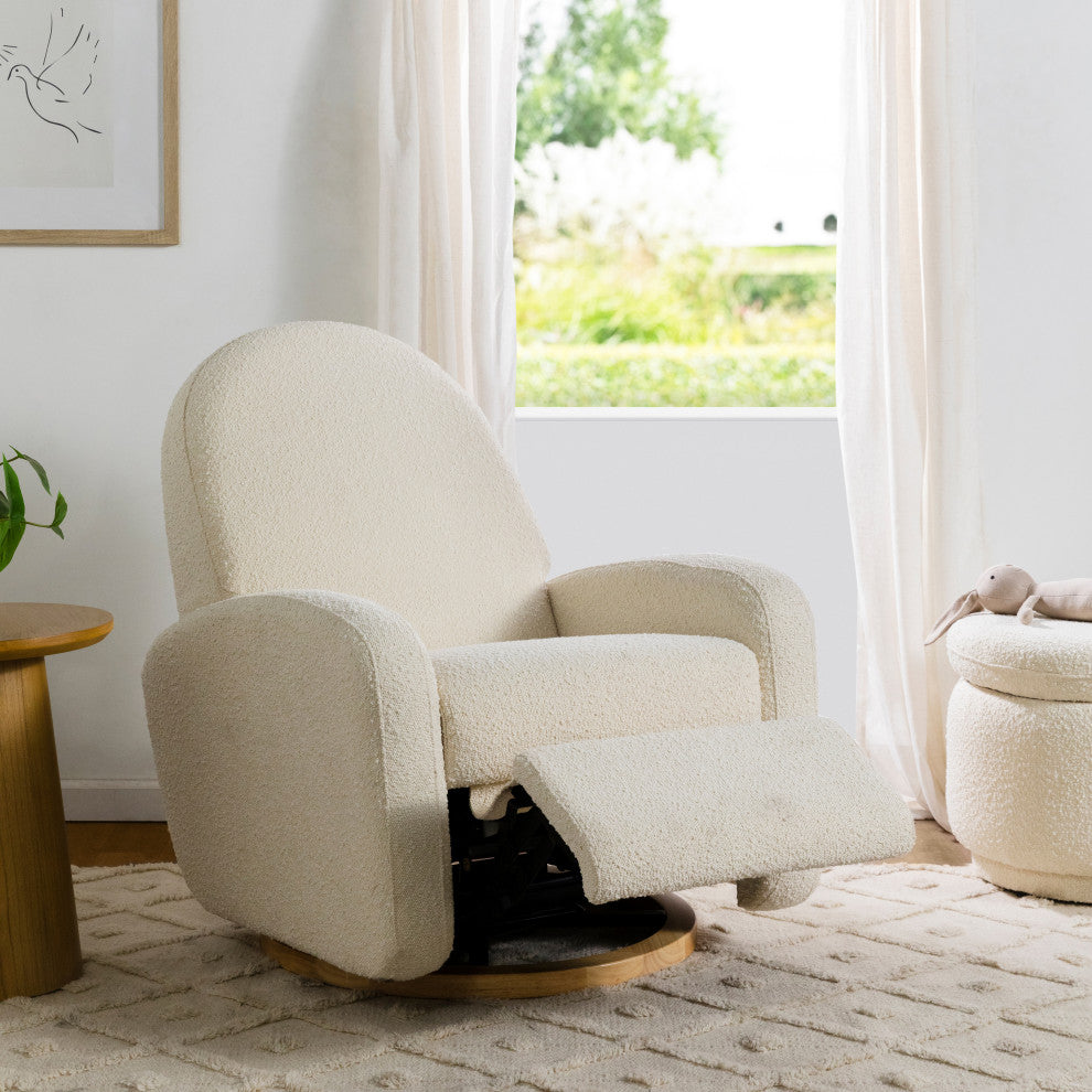 Nami Electronic Recliner and Swivel Glider Recliner, Boucle With USB port, Ivory Boucle With Light Wood Base