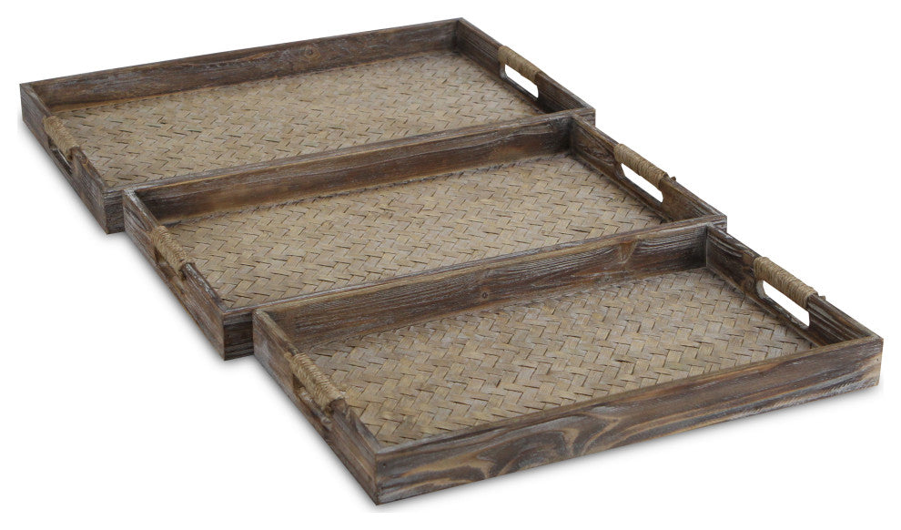3-Piece Brown Wooden Trays With Center Bamboo Pattern And Rope Handles