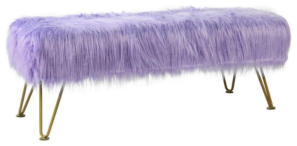 Mongolian Faux Fur Upholstered Ottoman Bench, Lavender, 46x16x22