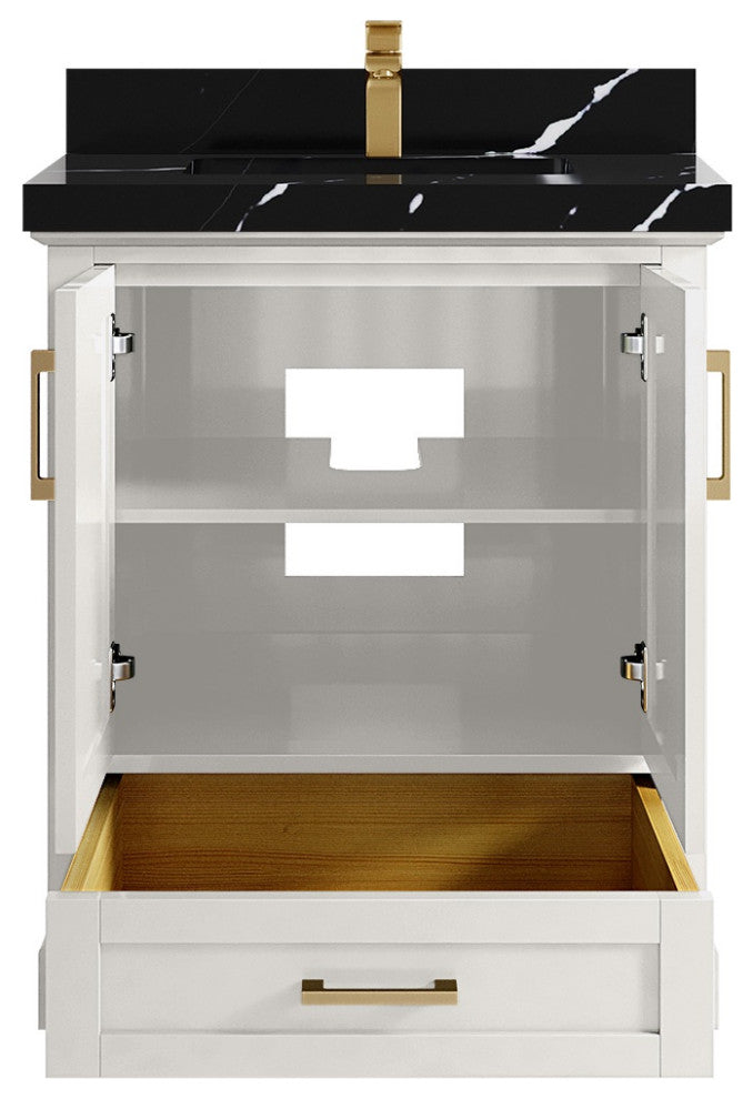 Boston 30" Single Sink Bath Vanity in Alabaster 2" Calacatta Black