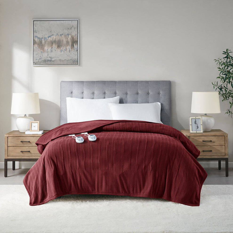 Serta Ribbed Micro Fleece Heated Blanket, Burgundy