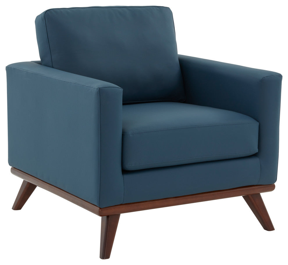 LeisureMod Chester Mid-Century Modern Faux Leather Accent Arm Chair, Navy Blue