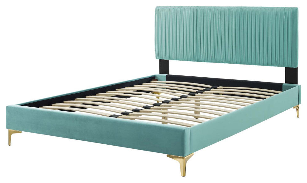Platform Bed Frame, Queen Size, Velvet, Blue, Modern Contemporary, Bedroom