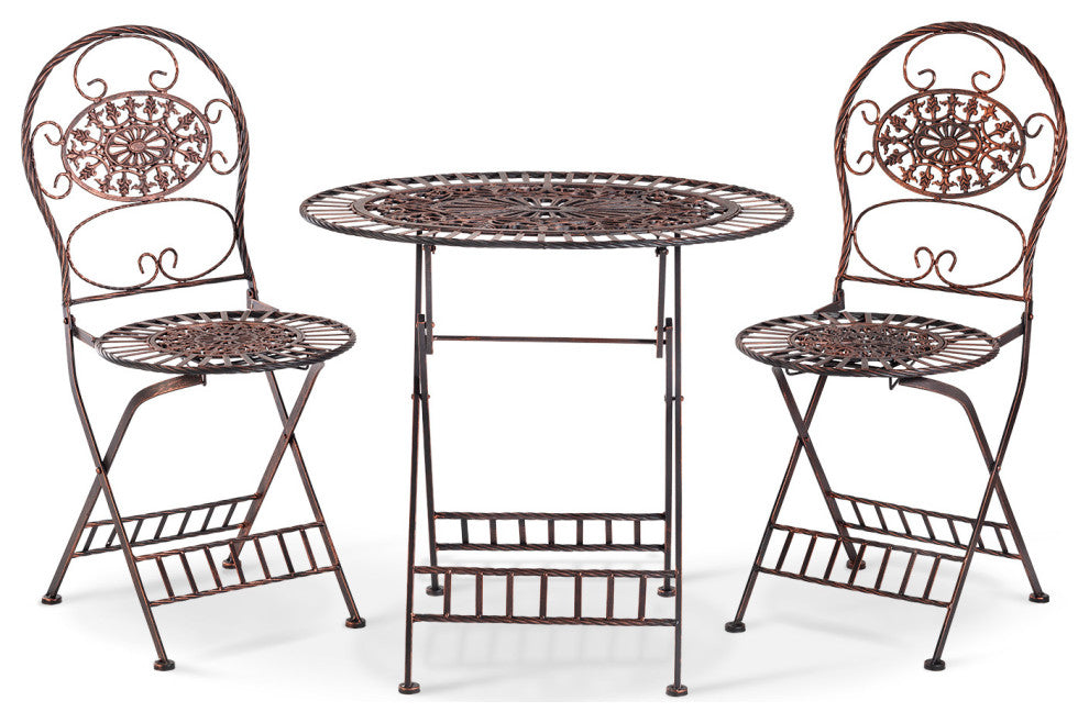 3-Piece Oval Bistro Set Folding Table and Chairs Patio Seating, Bronze