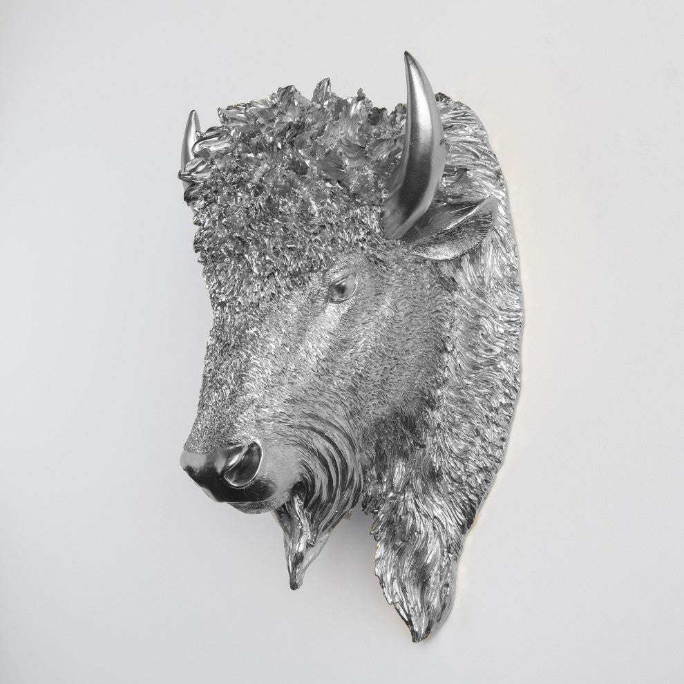 Faux Taxidermy Bison Head Wall Mount, Silver