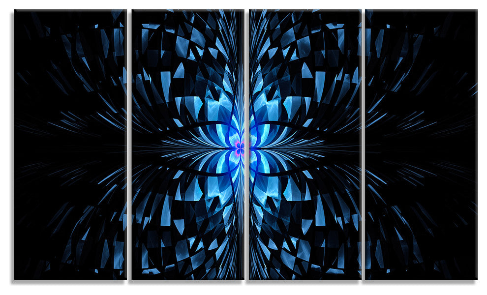 Blue Butterfly Pattern on Black, Abstract Art on Canvas, 48"x28", 4 Panels