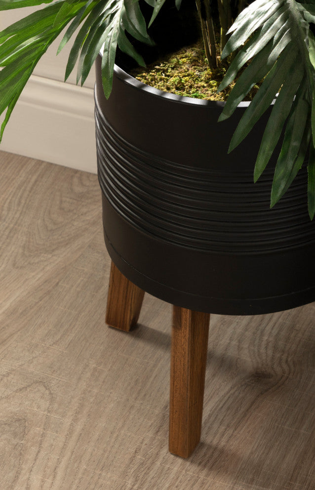 Gavri Metal Planter with Wood Stand, Black 11.25" Diameter