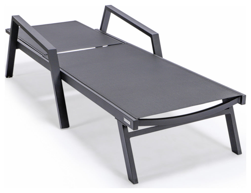 LeisureMod Marlin Chaise Lounge Chair With Arms and Fire Pit Table, Black