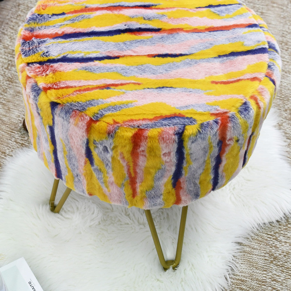Multi Jacquard Faux Fur Round Ottoman, Orange, 18"x18"x8"