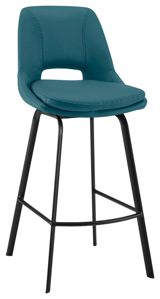 26" Elegant Blue Faux Leather and Black Metal Armless Swivel Counter Stool