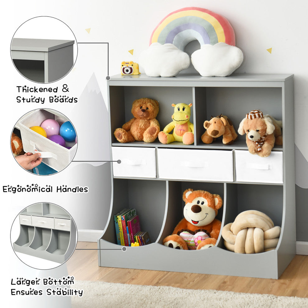 Costway Freestanding Combo Shelf Cubby Bin W/3 Baskets Grey