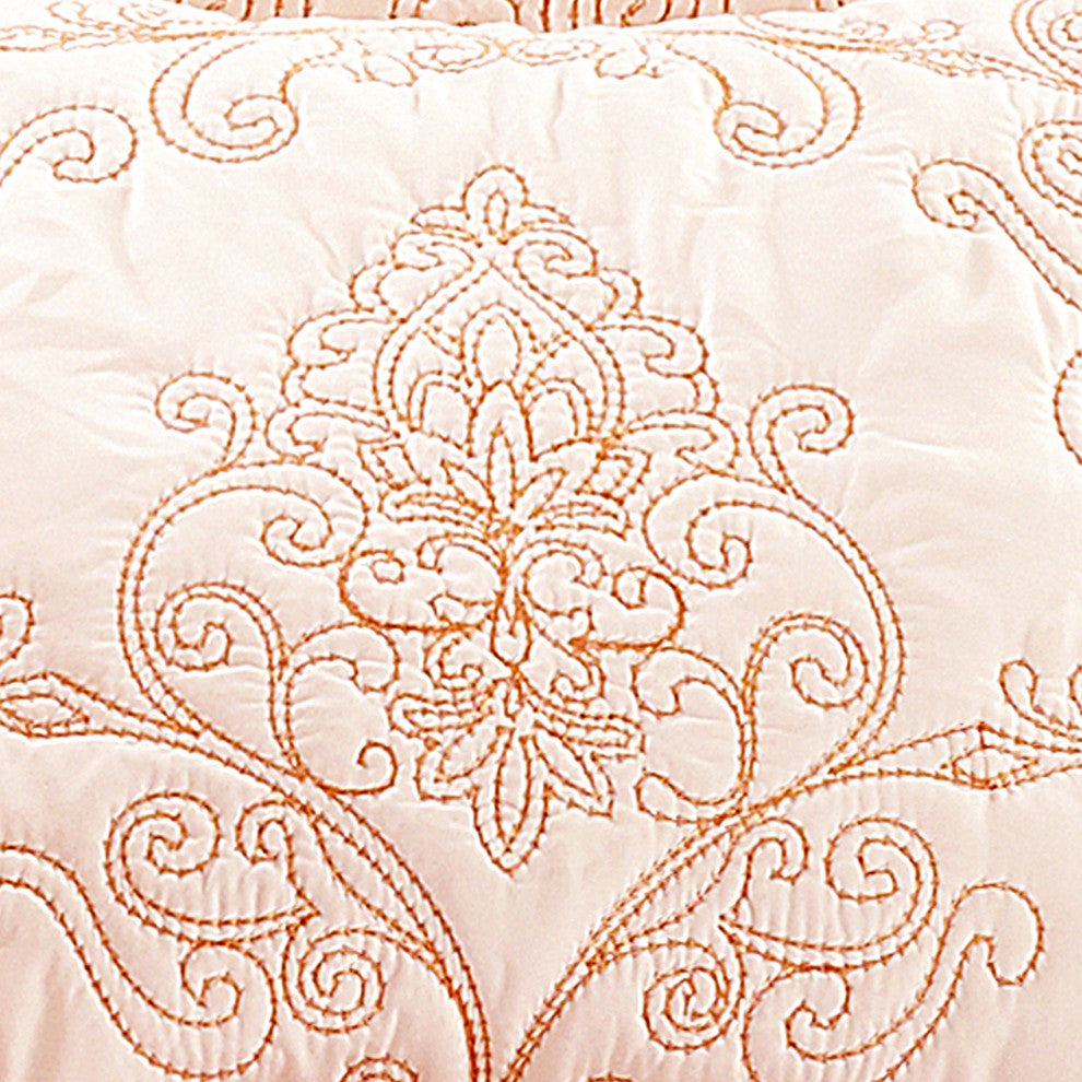 Damask Embroidered Quilted 4 Piece Bed Spread Sets, Salmon, King