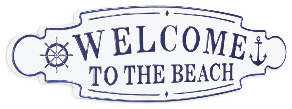 White and Blue Lacquered Finish Wall Sign, Welcome to the Beach