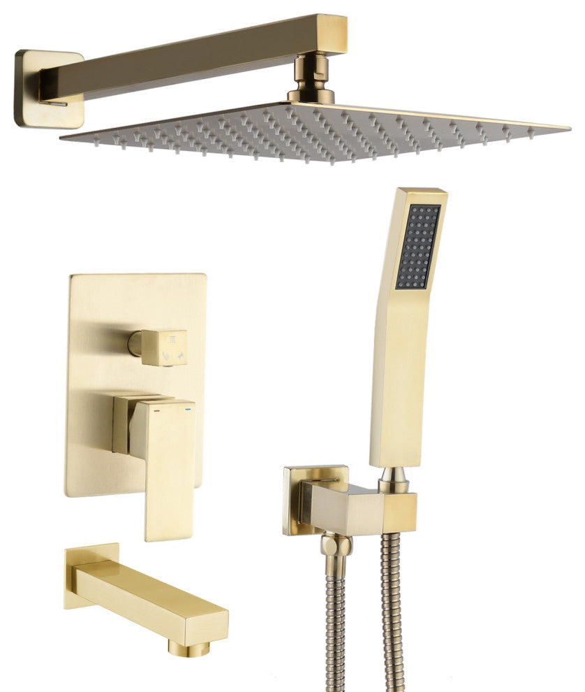 12" Wall Mounted Rainfall Shower System With Tub Spout, Brushed Gold