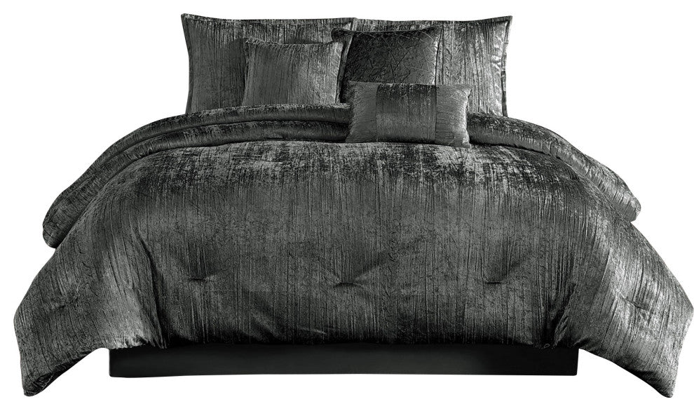 Benzara BM283897 Jay 7 Piece King Comforter Set, Polyester Velvet, Texture, Gray