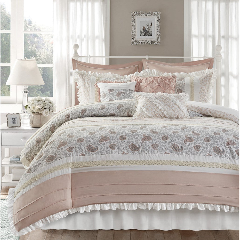 Madison Park Dawn 9 Piece Cotton Percale Comforter Set, Blush