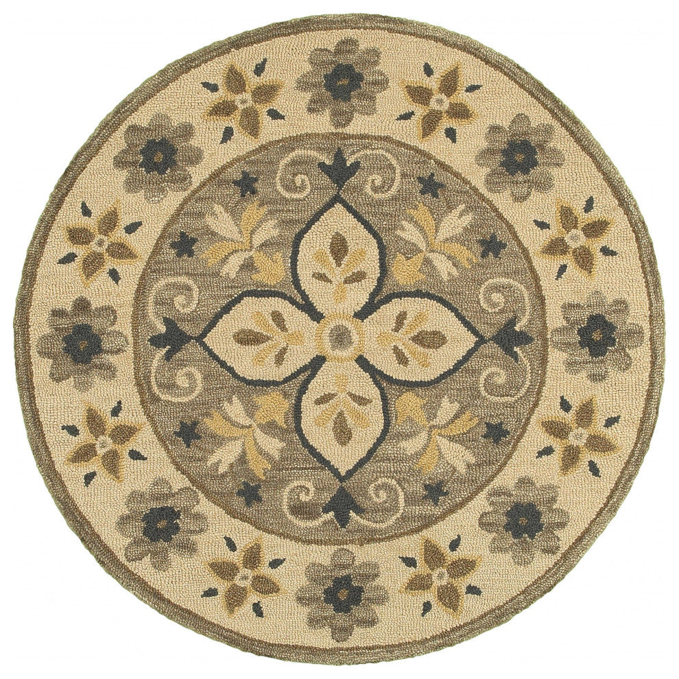 6" Round Taupe Traditional Medallion Area Rug